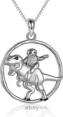 Dinosaur Necklace Sterling Silver Sloth Riding T-Rex Dinosaur Pendant Necklace
