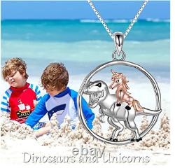 Sterling Silver Pink Sloth Riding T-Rex Dinosaur Pendant Necklace For Women 18
