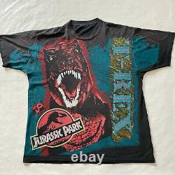 VTG Mens Jurassic Park Dinosaur T Rex All Over Print Shirt Size XL Movie Promo