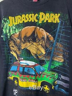 Vintage Jurassic Park Shirt Mens Sz L Black SS Crash McCreery T-Rex Print 1993